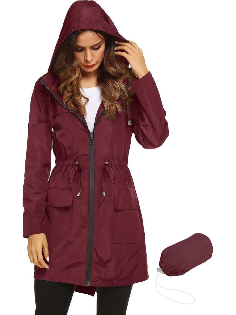 Women's Red Packable Hooded Active Waist Drawstring Waterproof Trench Rain Coat